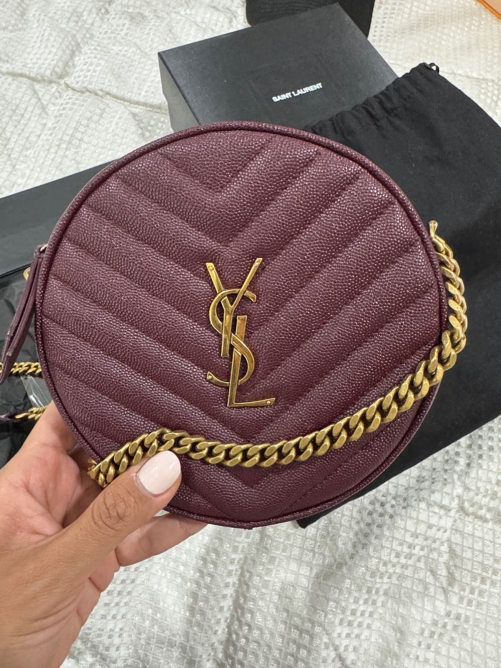 Saint Laurent Wine Quilted Round Crossbody with Gold YSL Chain - Picture 4 of 13